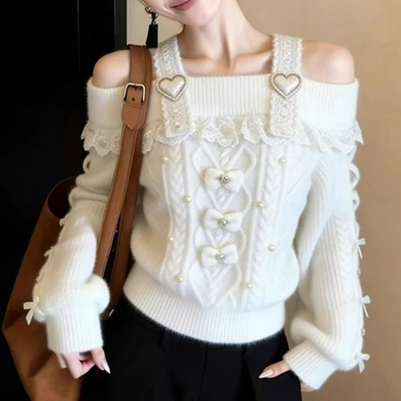

Японские элегантные вязаные пуловеры в стиле Лолита для женщин, милые свитера с кружевом и бантом, с открытыми плечами, в стиле Y2K, облегающий трикотажный топ