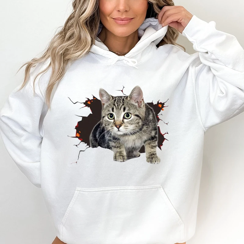 Mode Kat Stijl Hoodies Trui Dames Gedrukt Casual Sport Outdoor Zak Lange Mouw Sweatshirts Met Capuchon Jas