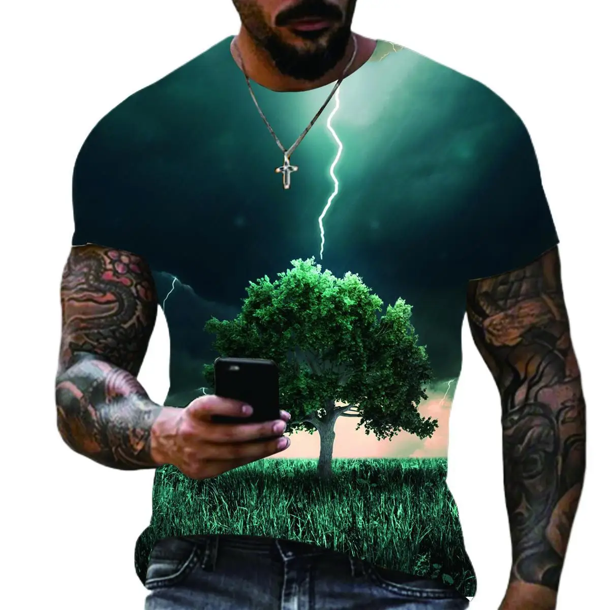 Men Lightning Sunset Lake Landscape 3D Print T-shirt Crew Neck Short Sleeve Casual Mens Tops Multiple Scenic Patterns