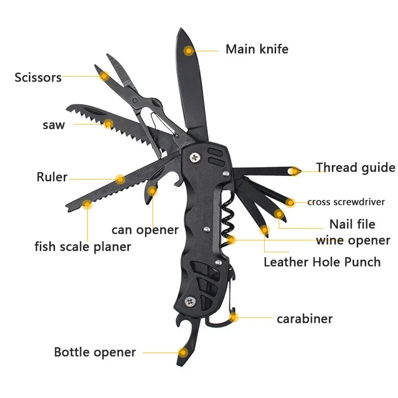 Multi-Functional Camping Survival Knife, A Unique Gift For Men, Such As Father And Husband, 12-In-1 Swiss Knife, Stainless Steel