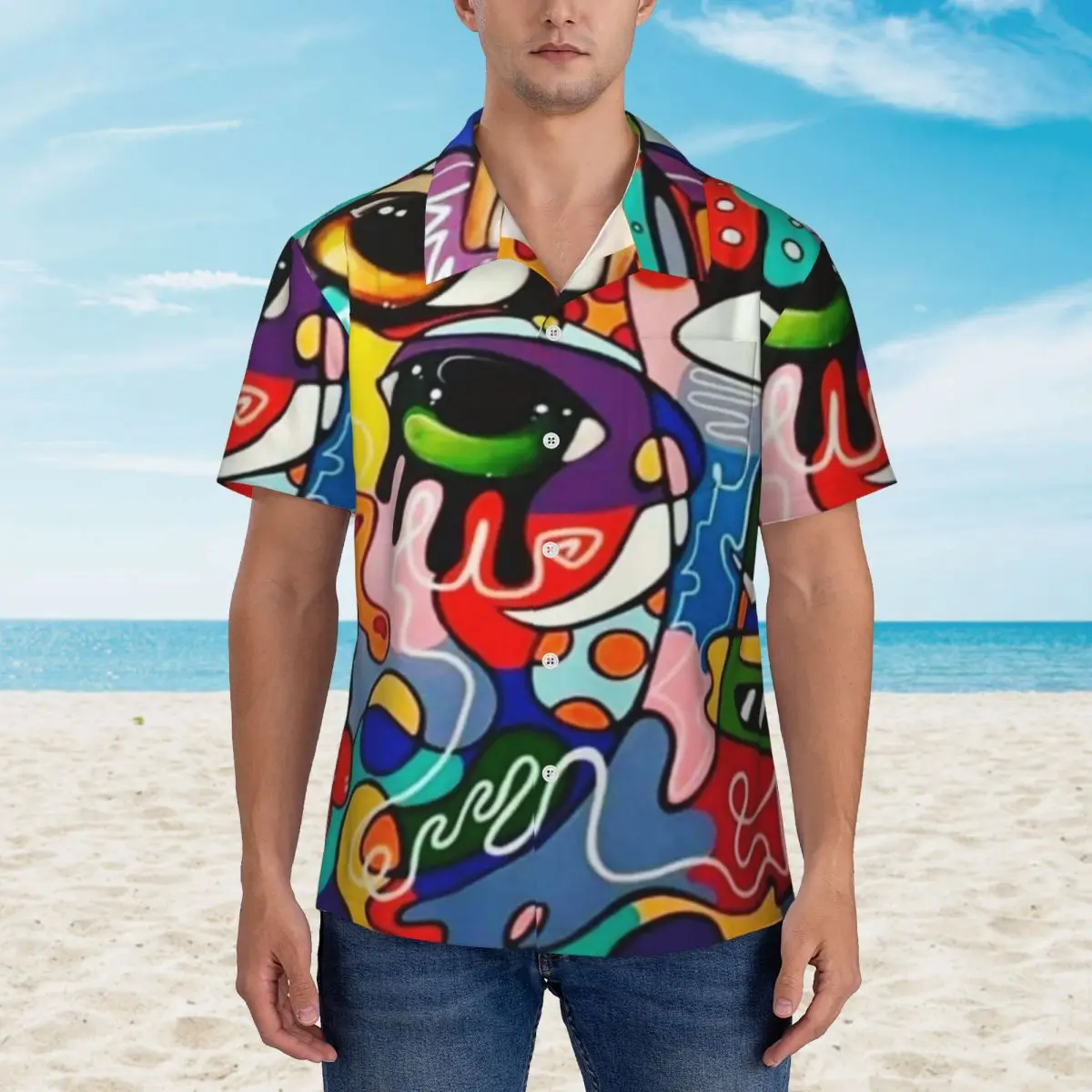 

Hawaii Shirt Beach Funny Eyes Blouses Colorful Eye Design Graffiti Vintage Casual Shirts Mens Short Sleeve Street Style Tops