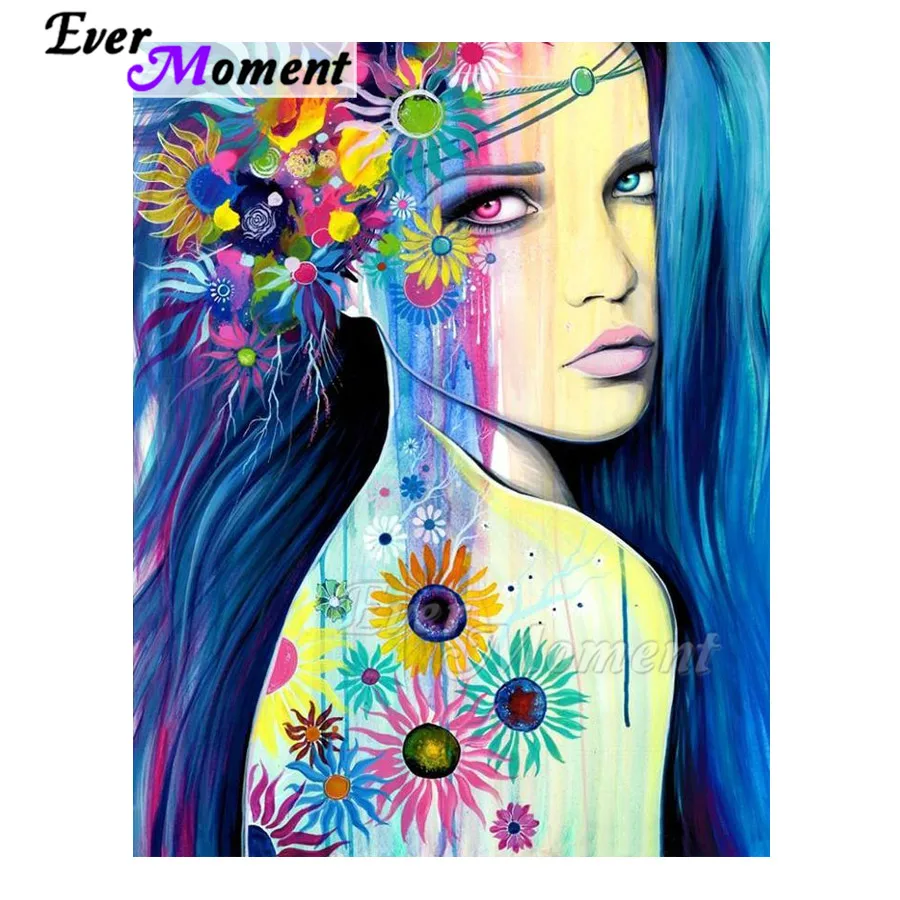 

Алмазная картина Ever Moment, голубые волосы, женская цветочная картина, мозаика со стразами, полная квадратная дрель, алмазная вышивка ASF1949