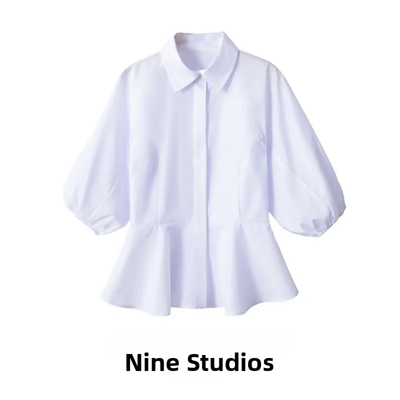 

Casual Waist-Cinching Bubble-Sleeve Short Shirt Top Versatile Fashion Women's Polyester Blend Seven-Quarter Sleeve Flip-Collar