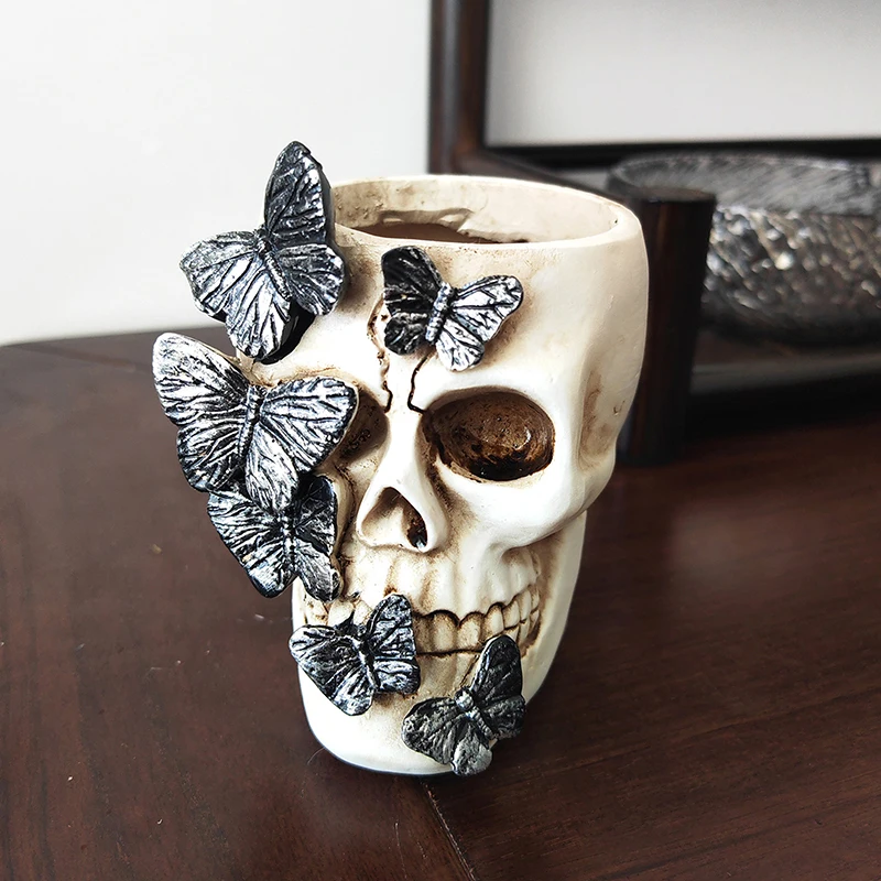 【3CS99】Skull Pen Cup Makeup Brush Holder Bathroom Storager Holder Spooky Goth Desk Decorations
