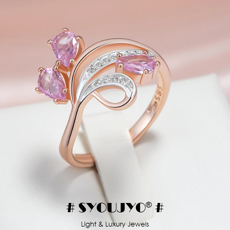 SYOUJYO 585-Roségold, silberfarben, zweifarbiger Ring, rosa Zirkon, Blumenmuster, doppelte Galvanik, Luxus-Schmuck, Geschenk für Frauen ​