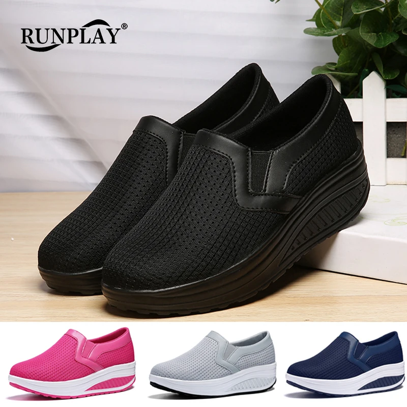 Zapatos de tonificación para mujer, calzado deportivo de suela gruesa, 5cm de altura, color negro
