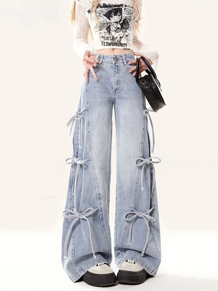 

Autumn New Bow-tie Lace-up Jeans, Women's American Retro Versatile Loose Wide-leg Floor-length Trousers