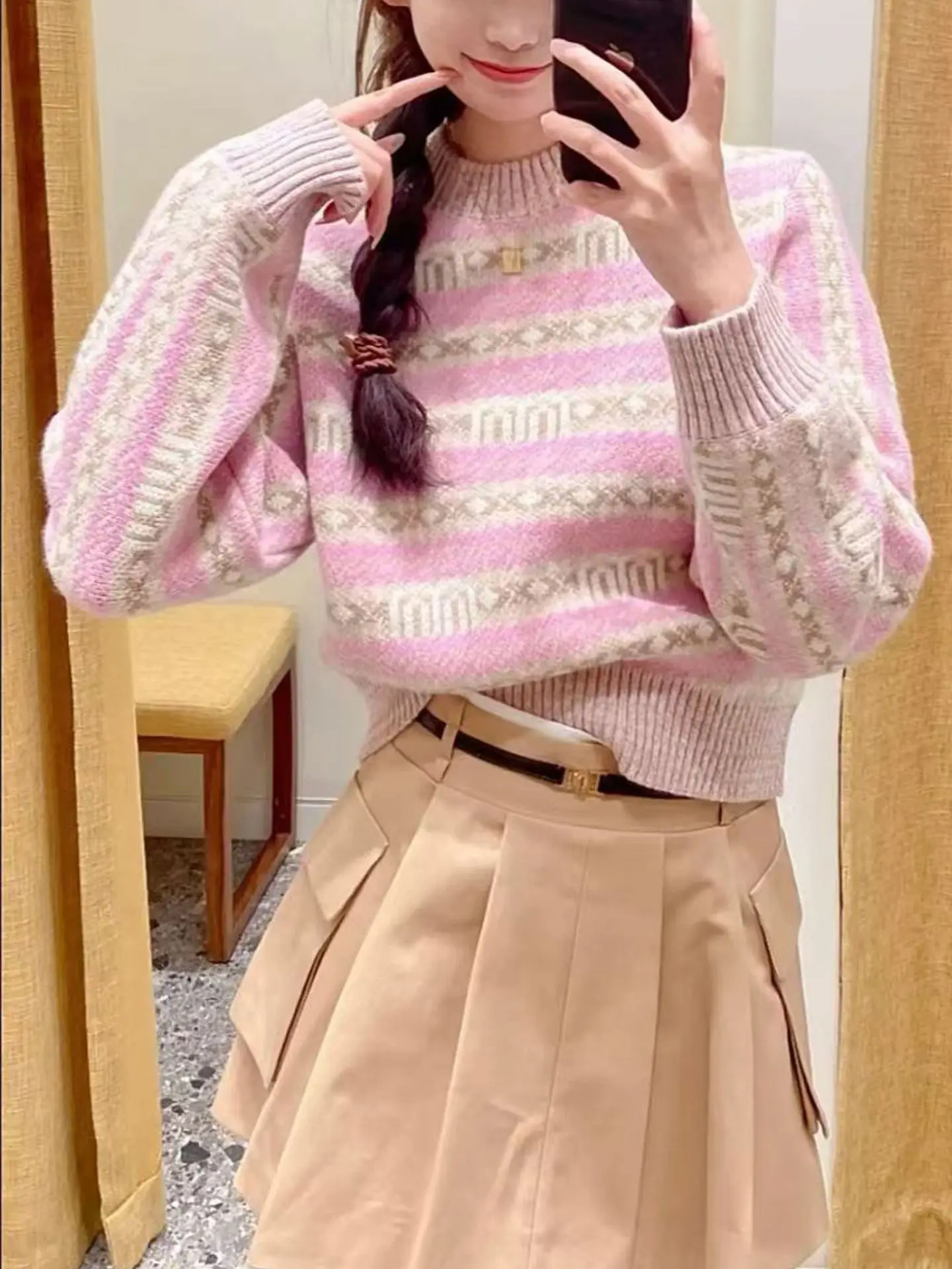 

Women Letter Jacquard Knit Sweater Long Sleeve O-Neck Female Casual Fashion Loose Pullover Kntiwears
