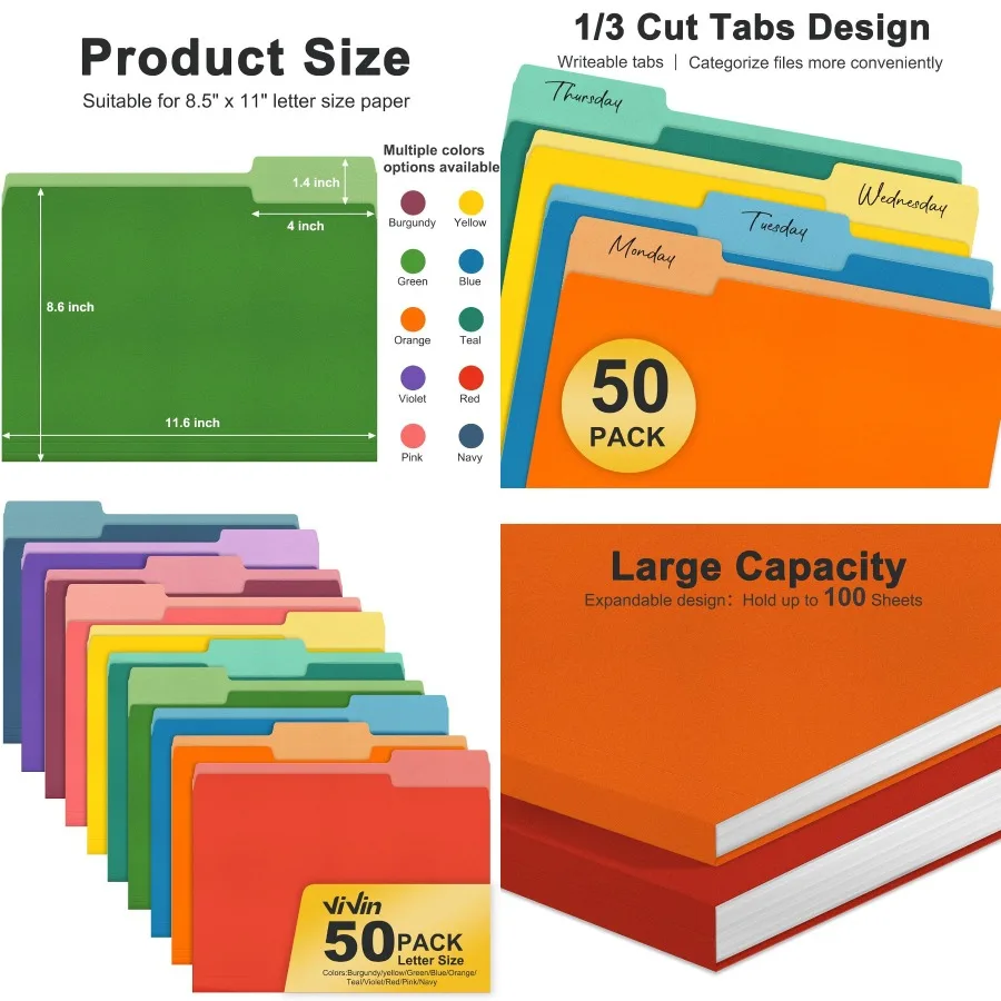 

50 Pack Colored File Folders with 1/3-Cut Tabs for Organizing Home Office School and Personal Documents Fits 8.5 x 11 Inch Lett