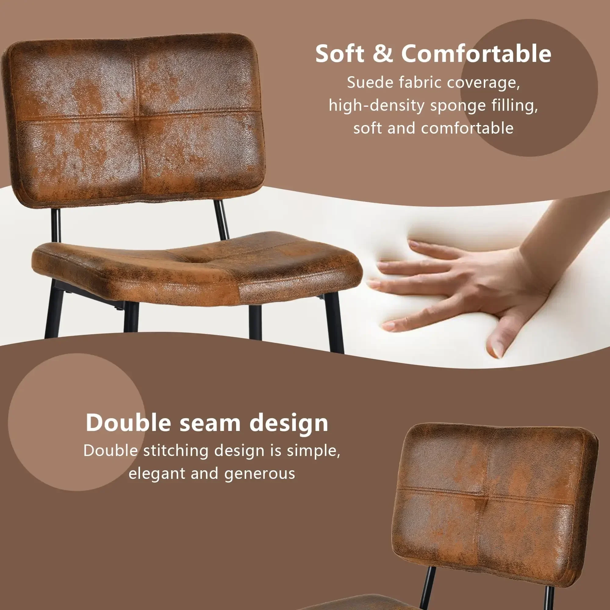 Counter Height Bar Stools Set of 2, 26" Modern Mid Century Upholstered BarStools Chair Backrest Footrest for Home , Brown