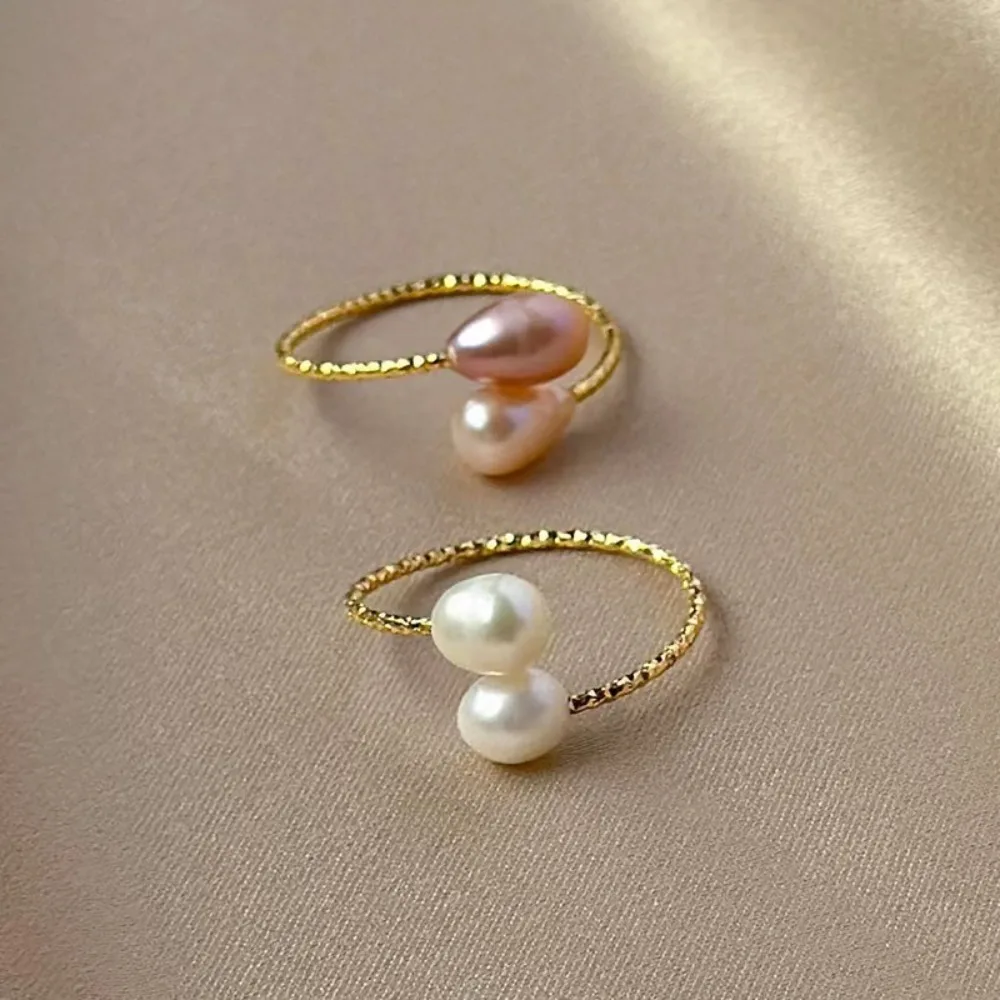 French Minimalist Rice Grain Freshwater Pearl Ring for Women Adjustable Open Plain Metal Band Elegant Fashion Hand Decor Jewelry