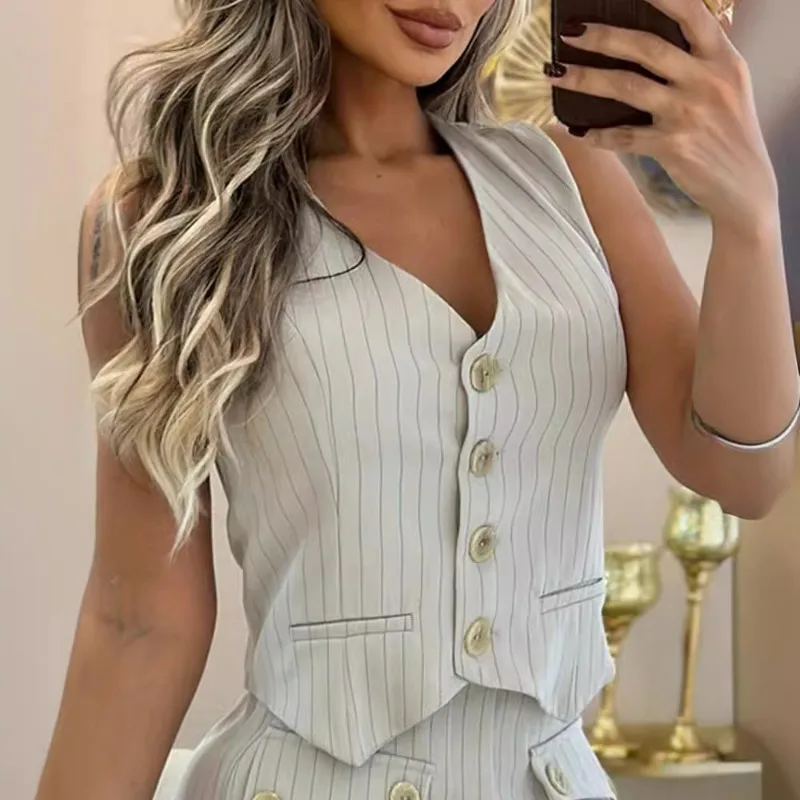 2024 Spring Summer New Women\'s Clothing Creamy-white Striped Sleeveless Short Vest False-Two-Piece Skirted Leggings Suit