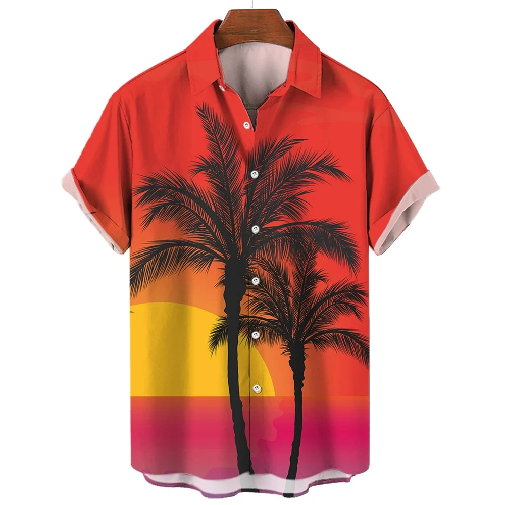 Hawaiian Tropical Palm Tree Print Design Men's Short Sleeve Shirt Seaside Beach Fashion Button Up Shirt Top