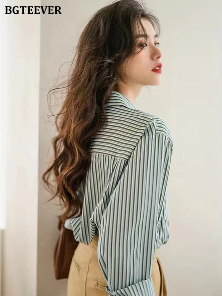 BGTEEVER Stylish Loose Single-breasted Women Striped Shirts Casual Lapel Long Sleeve Ladies Blouses Tops 2022