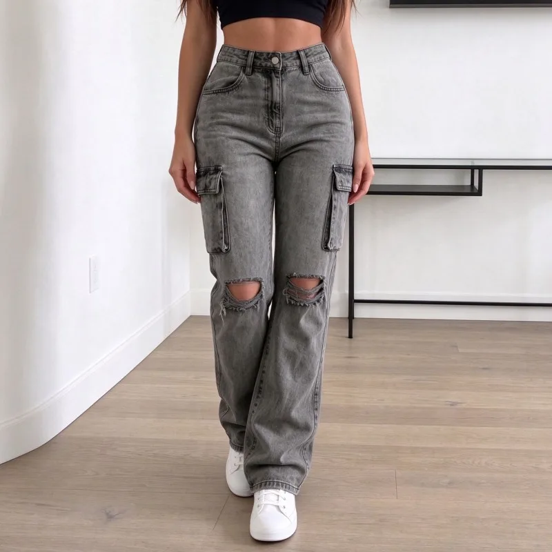 New Womens Distressed Multi Pocket Cargo Denim Jeans Fashion Ripped Holes Design Casual Street Style Loose Fit Long Pants