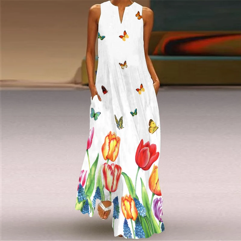 2024 New European and American Cross border Summer Long Dress Women\'s Sleeveless V-neck Printed Sexy