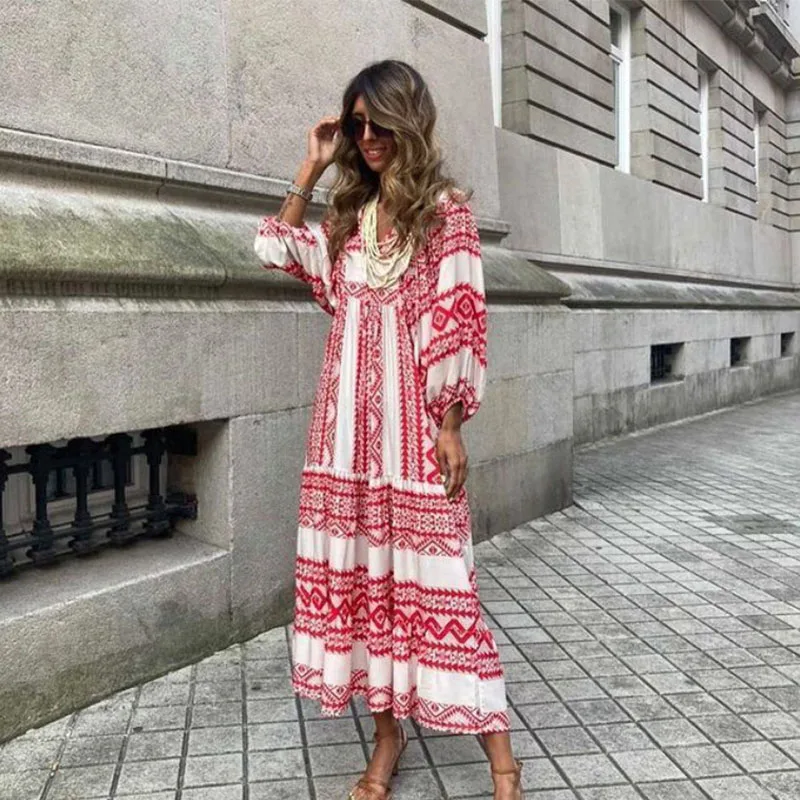 5XL Puff Sleeve Boho Maxi Dress Summer Elegant Women Loose Casual Style Vacation Vestidos Drawstring V-Neck Long Beach Dresses