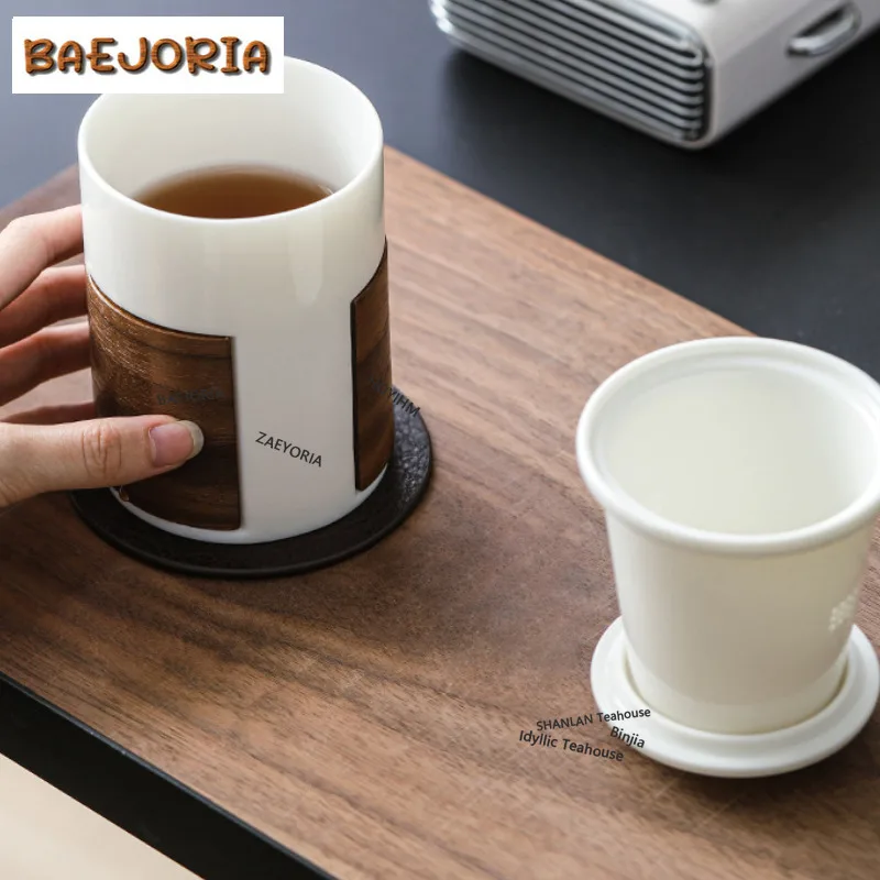 BAEJORIA 300ml Creative Anti-scald Wooden Handle Ceramic Water Cup Casual Office Work Mug With Lid Filter Tea Separator Cups Cha