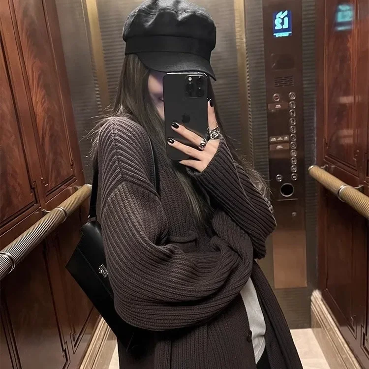 

Trendy Chocolate Mermaid Lazy Fashion Sweater Coat Women Thickened Loose Knitted Open Cardigan Autumn Winter V-neck Full Sleeve