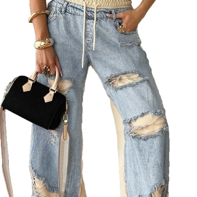 

Hollow Out Lace-up Spring and Summer Hong Kong Style Trendy Personalized Street Thin Ripped Jeans