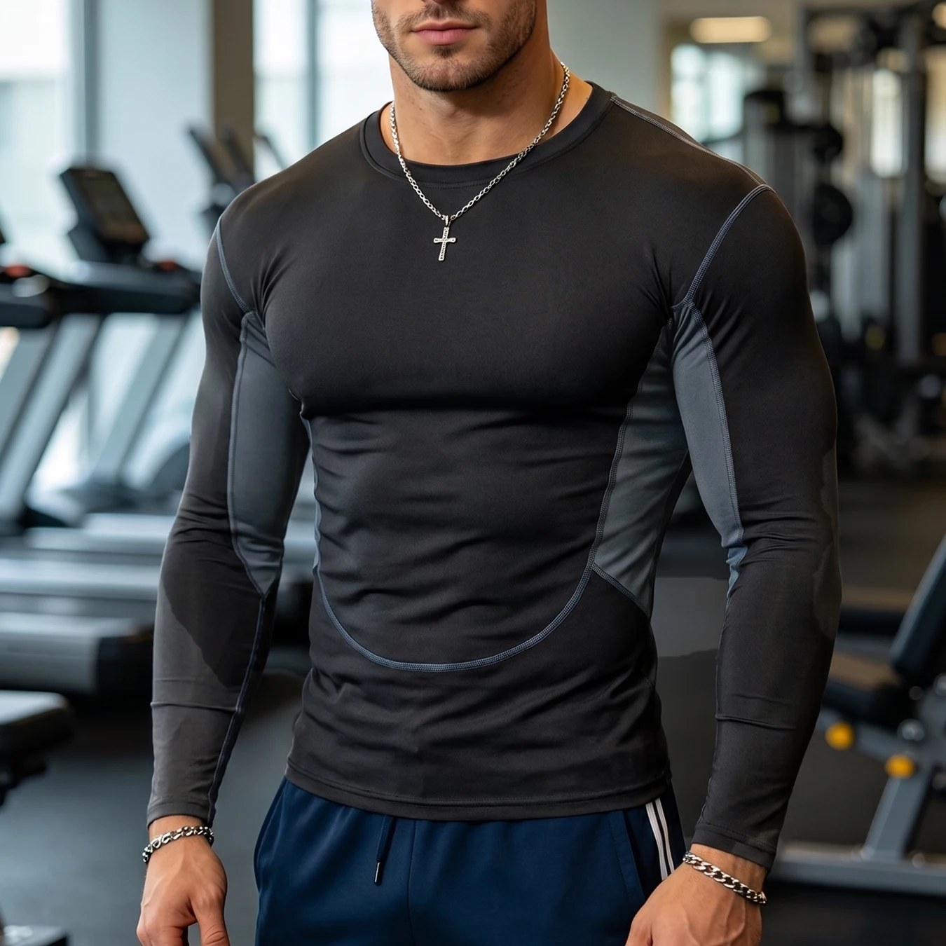 Stretch Mesh Patch Compression Workout Shirt For Men Raglan Long Sleeve Quick Dry Skin Tight Athletic Tee For Weight Lifting