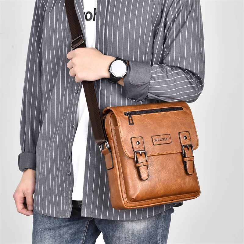 

Men's Pu Leather Shoulder Bag Retro Business Crossbody Bag Large Capacity Fashion Waterproof Plain Weave Diagonal Shoulder Bag