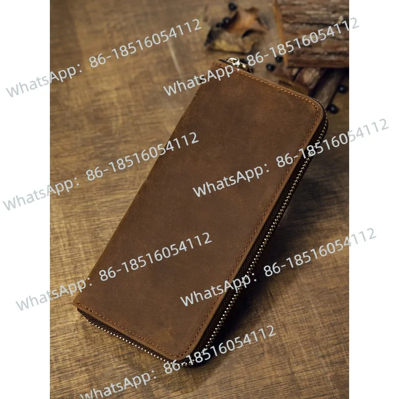 

Handmade Cowhide Long Zipper Mad Horse Leather Wallet Men's Retro Casual Mobile Phone Bag