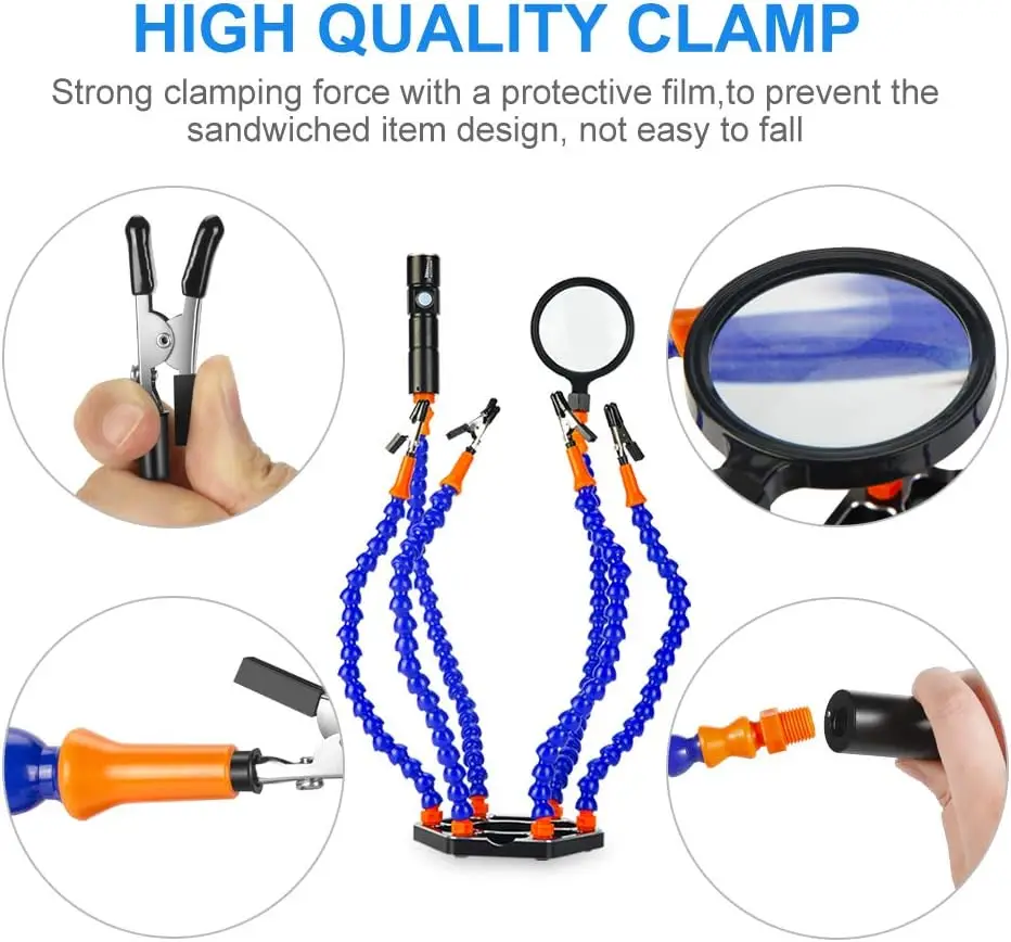 Helping Hand Soldering Third Hands Vise with 6 Flexible Arms LED Flashlight Magnifying Glass Aluminum Base for Soldering Work