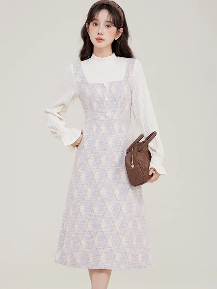 2024 New Plaid Patchwork White Long Sleeve Midi Dress Autumn Winter Elegant Casual Home Dress Women Korean Bodycon Evening Dress