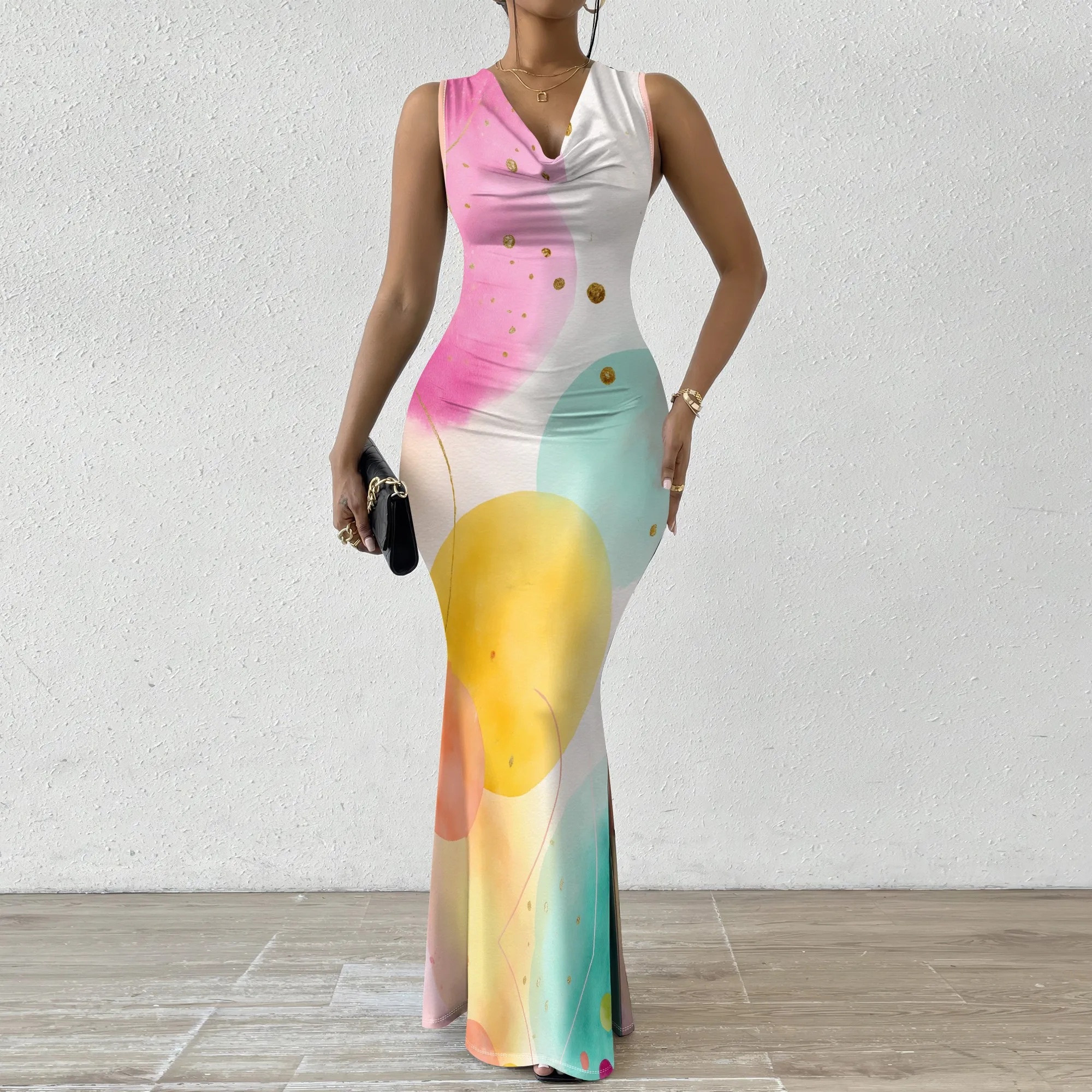 

Women's Abstract Watercolor Maxi Dress | Elegant Cowl Neck Sleeveless Bodycon Gown | Summer Wedding Guest & Party Dress XS-2XL