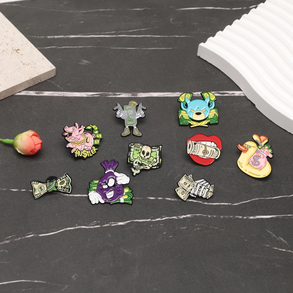 9 ピース/セットクリエイティブ面白いドル通貨エナメルブローチ漫画紙幣ピンジャケットバックパックバッジ装飾ジュエリー