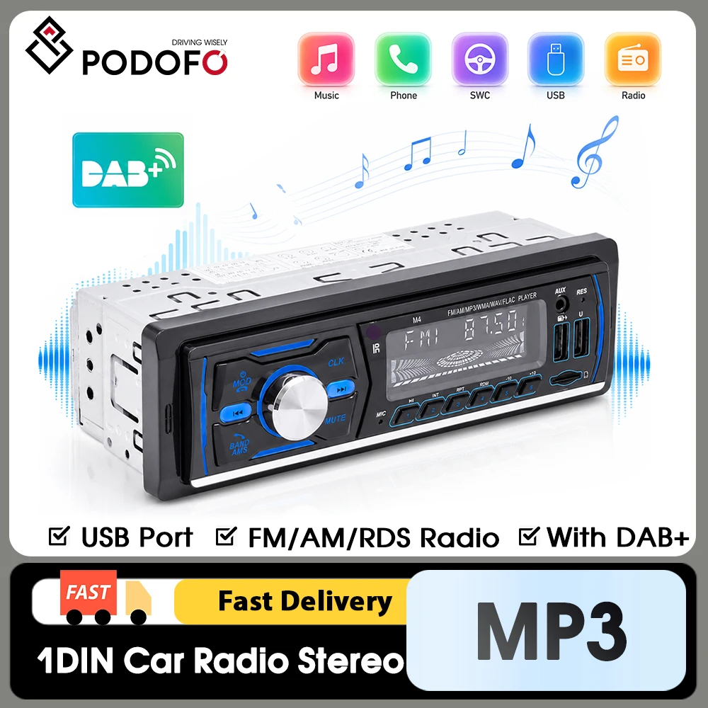 Podofo 1DIN Autoradio Stereo 12V Bluetooth Audio MP3-Player mit Fernbedienung FM AM RDS DAB Plus USB SD AUX IN Digitaler Auto-Musikempfänger für Fahrzeuge