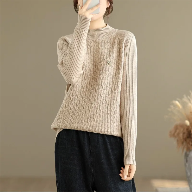 Outono inverno feminino malha redonda Ne suéter oulder inserção Thiened camada base quente top japonês Sle poliéster Ac...