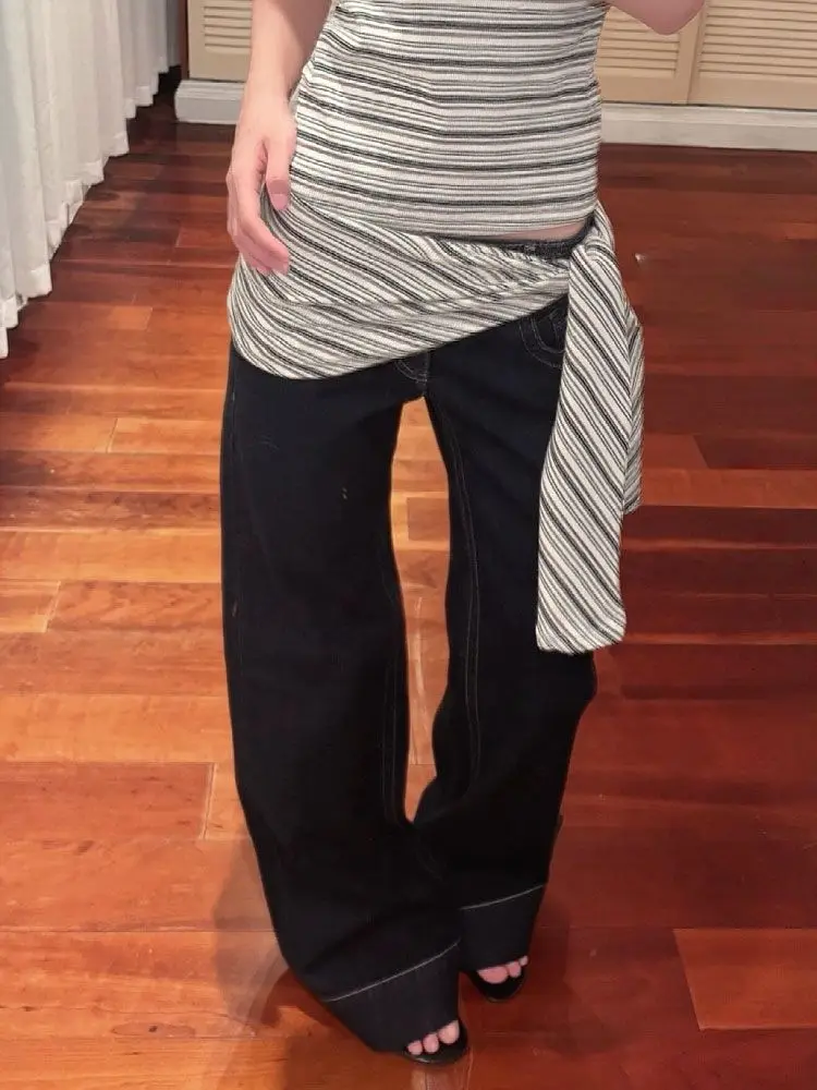 Jean Vintage américain taille basse à jambes larges pour femmes, pantalon ample drapé, grande longueur étendue, décontracté, jambes larges, printemps automne