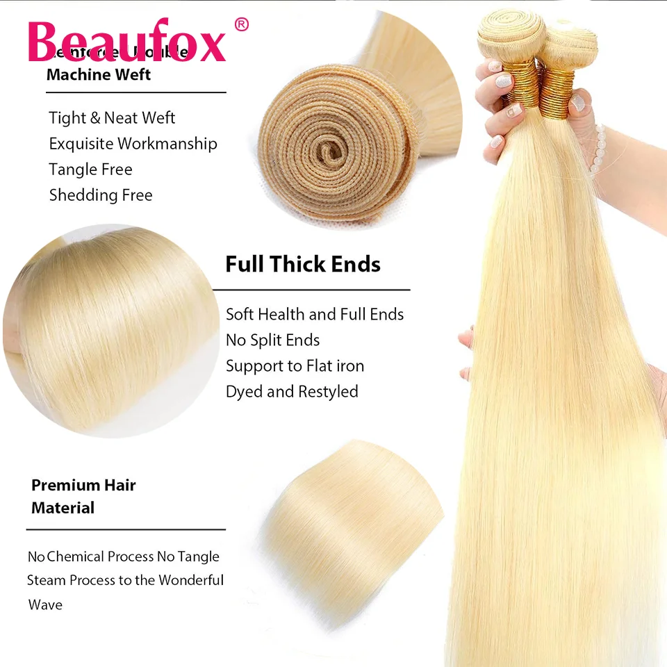 Beaufox 613 Straight Human Hair Bundles Brazilian Straight 1/3/4 Bundles Human Hair Honey Blonde Color Hair Bundles Deals 30