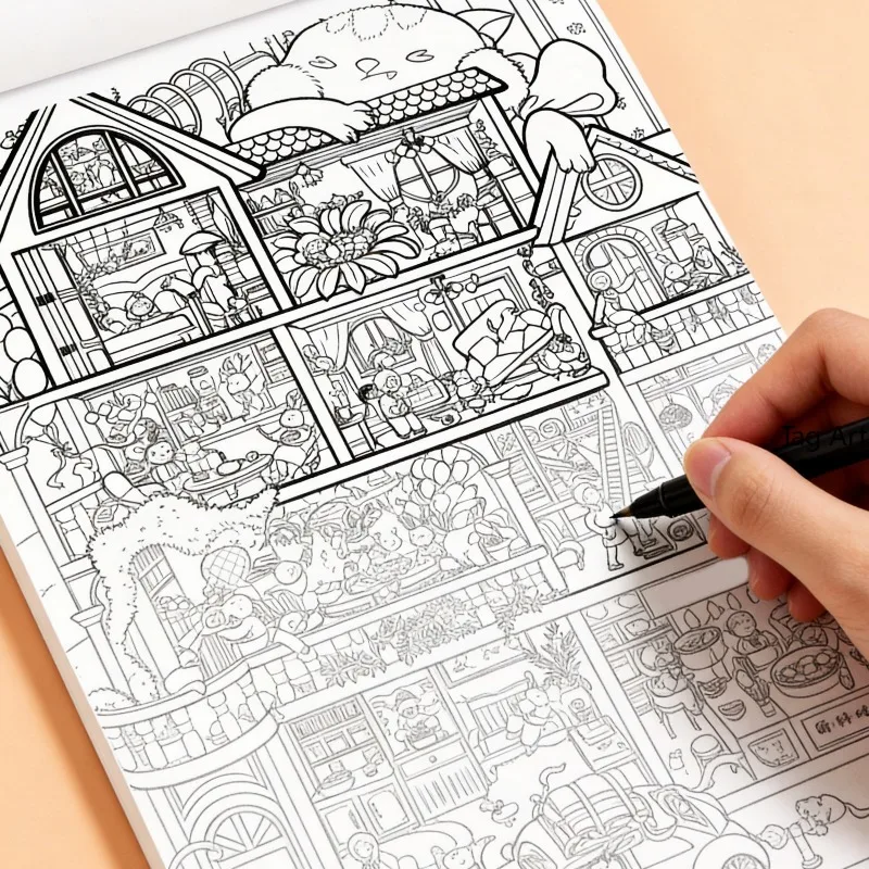 Adult Meditation and Concentration Hand Drawn Graffiti Book, Panoramic Scene Coloring Book, Line Drawing Coloring Brochure