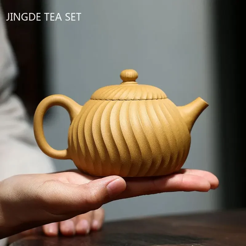 Chinese Yixing Purple Clay Teapots Authentic Section Mud Filter Tea Infuser Handmade Stripe Beauty Kettle Zisha Tea Set 210ml