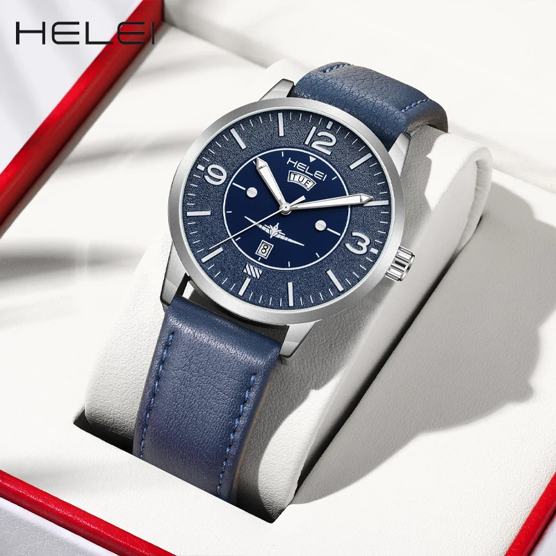 HELEI Fashion new sports casual quartz watch date genuine leather strap men's wristwatch