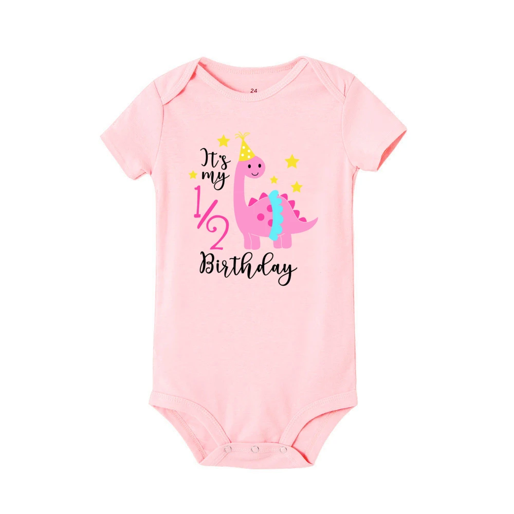 It\'s My 1/2 Birthday Dinosaur Print Baby Bodysuit Newborn Short Sleeve Jumpsuit Toddler Party Romper Clothes Infant Shower Gift