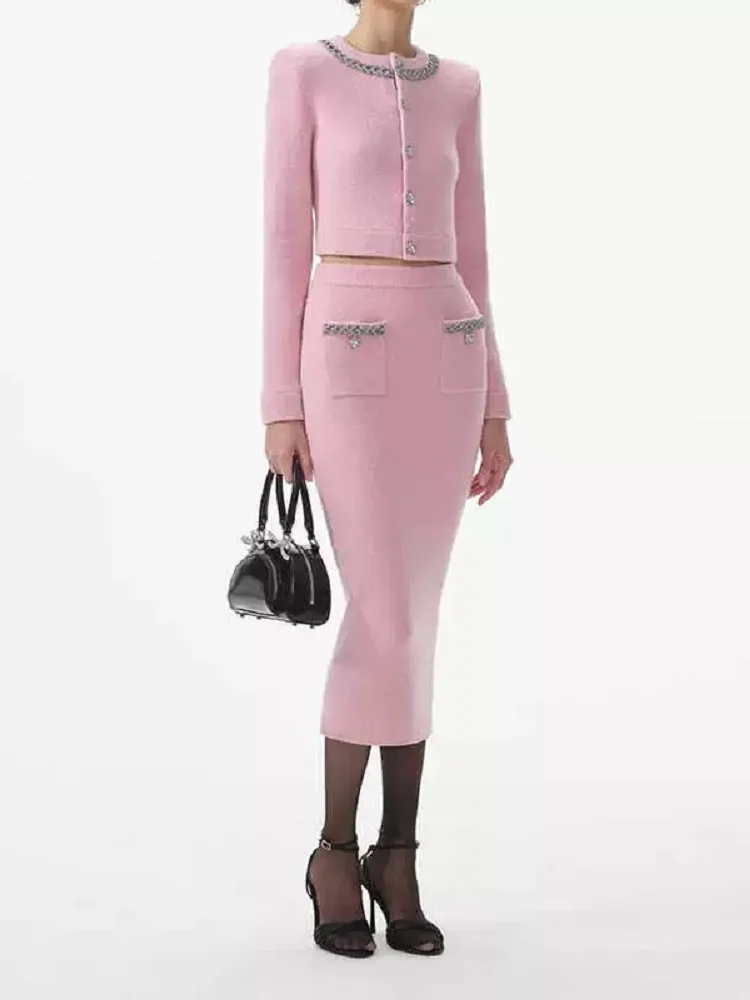 Wool knitted high-end pink elegant round neck diamond button light luxury short jacket trend slimming hip wrap skirt set