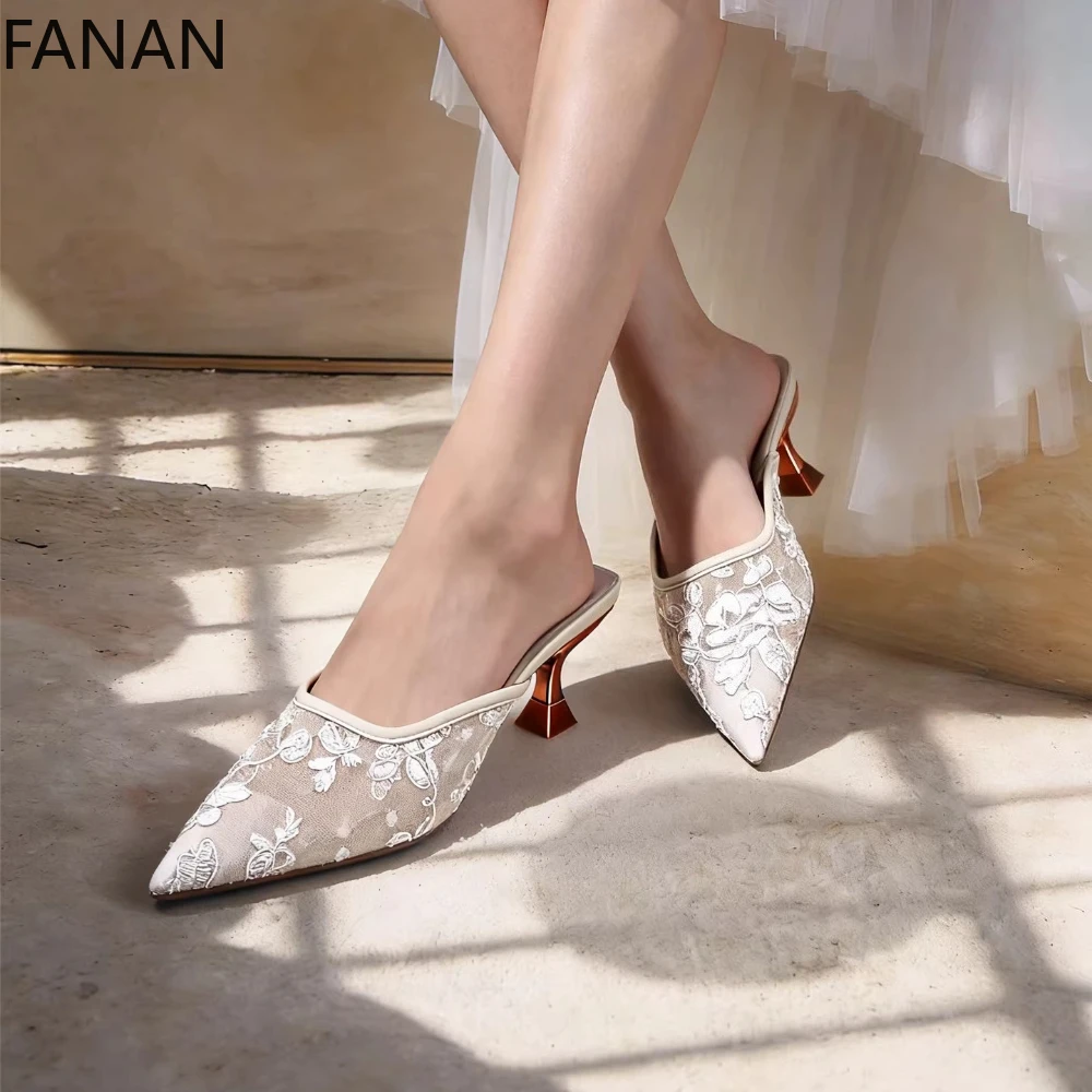 Genuine Leather High Heel Sandals Fabric Embroidery White Sandals Women 2025 Sexy Wedding Shoes Party Single Shoes