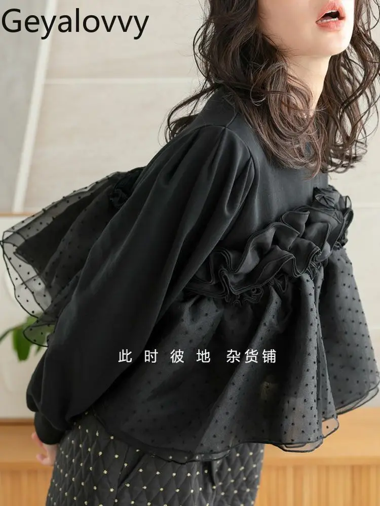 

Fashion Loose Pullover Femme Long Sleeve Tops for Women Spring Autumn Hoodies Polka Dot Sheer Patchwork Casual Sweatshirt