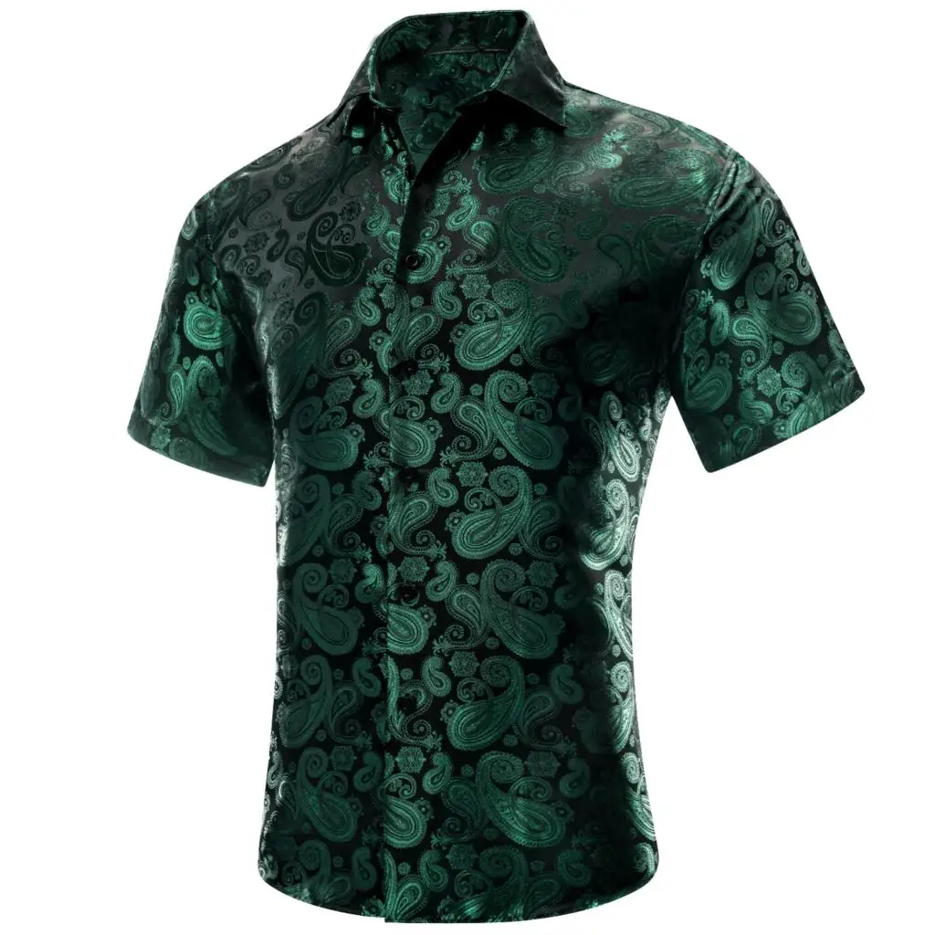 Hi-Tie Black Green Silk Short Sleeves Mens Shirts Spring Summer Hawaii Jacquard Paisley Shirt Blouse Male Wedding Office XXXL