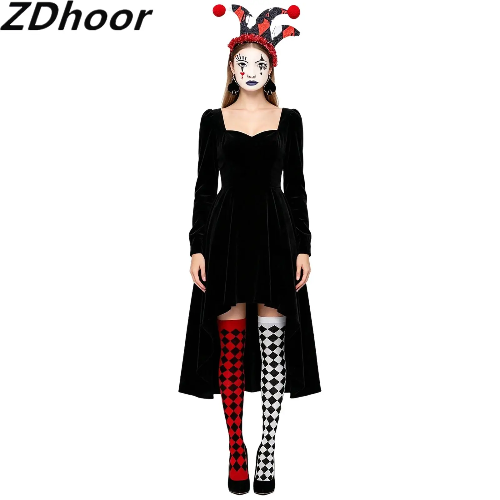 Women Clown Costume Props Accessories Set Color-blocked Stockings Hair Hoop Earrings And Tattoo Sticker for Halloween Cosplay