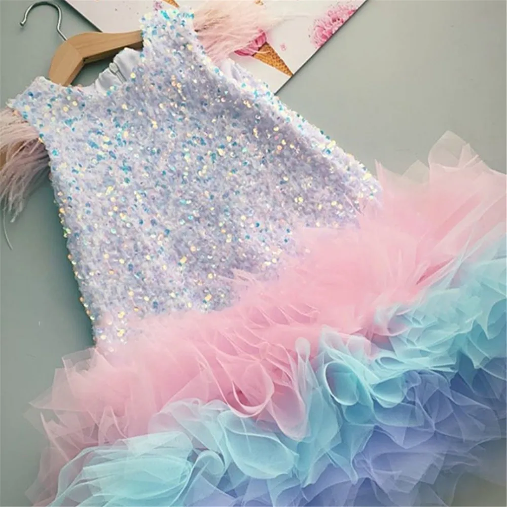 Golden Sequined Pageant Dresses For Girls Princess Feathers Wedding Flower Girls Dresses Corset Back Kids Girls Party Gowns