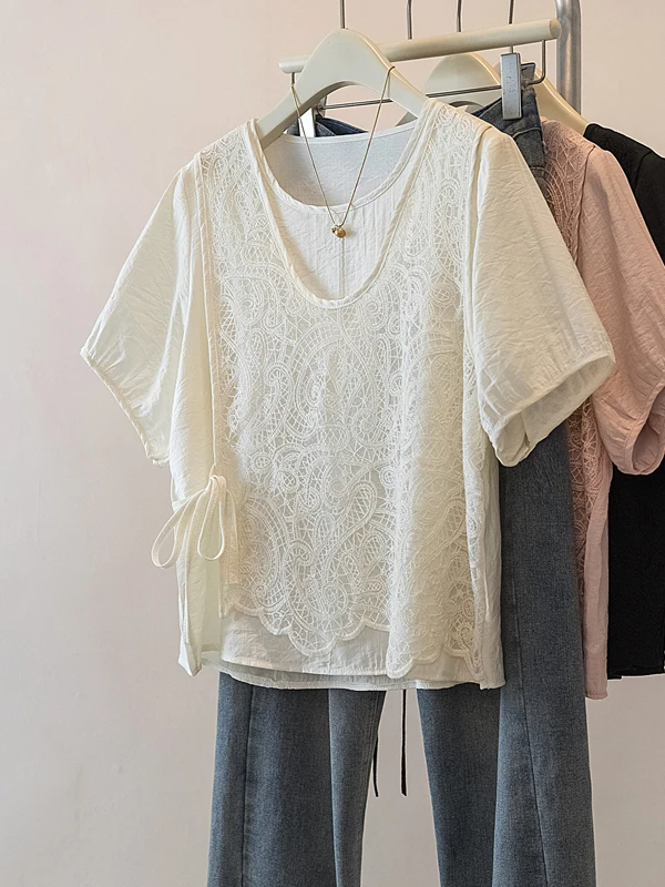 

Ladies Short Sleeve Hook Flower Hollow out Vest Shirt Korean Style Loose Fit Summer New Arrival plus Size Fake Two-Piece Top