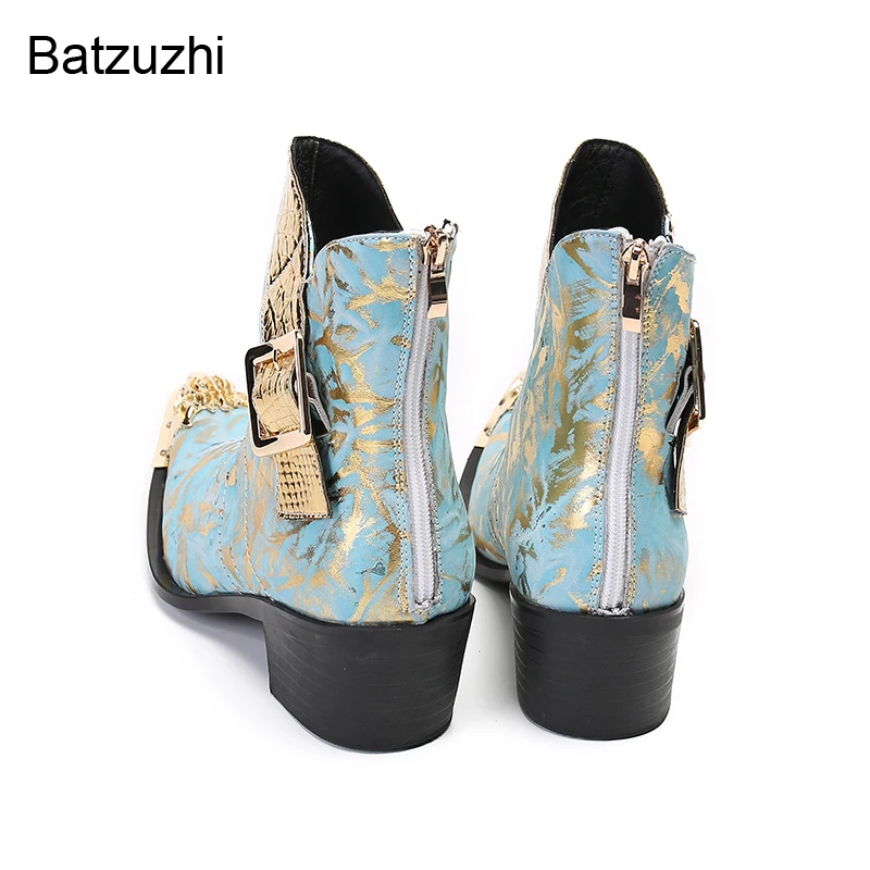 Batzuzhi Light Blue Genuine Leather Boots Men Luxury Handmade Men's Boots Golden Iron Toe Ankle 6.5cm Heels Party Boots! 38-46