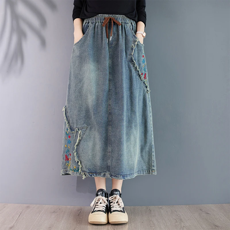 NYFS Embroidery Vintage Woman Skirt High Waist Loose Casual Fat MM Denim Long Skirt