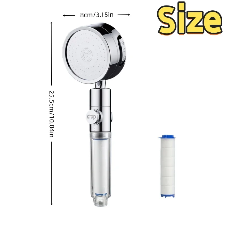 High Flow Boost Shower Head 3 Spray Modes One-Click Stop 360° Rotatable G1/2 Interface 10/15/20 Replacement Cartridges For PV