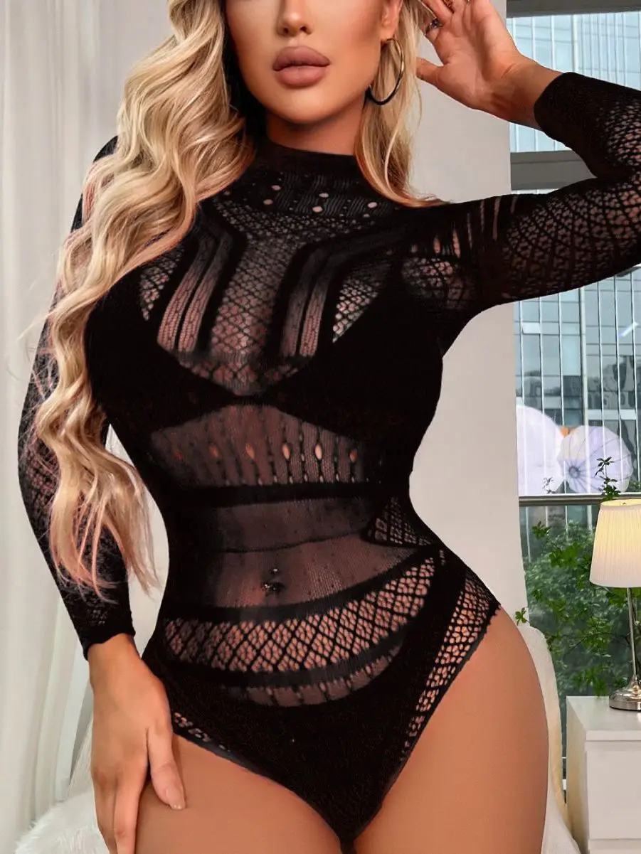 Long Sleeved Passion Backless Bikini Mature Charm Elegant Hollow Out Sexy And Seductive Sexy Transparent Mesh Bodysuits UD9C